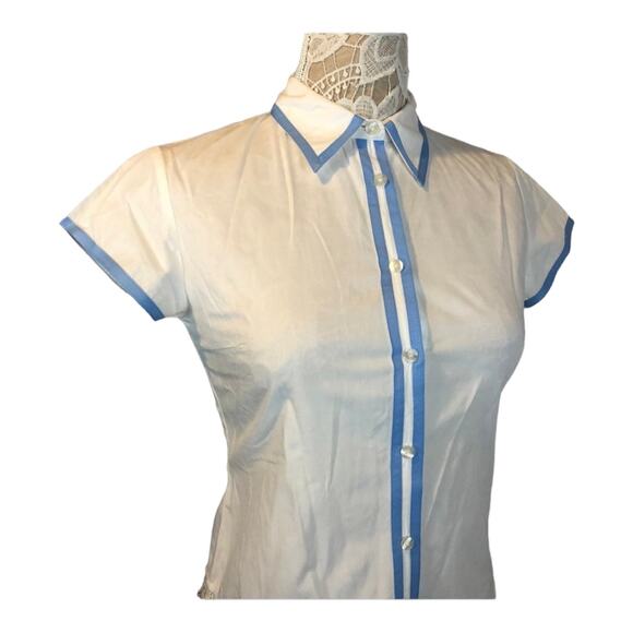 C.J Laing button down white short sleeved blouse / shirt with blue trim size 4 - Picture 8 of 12
